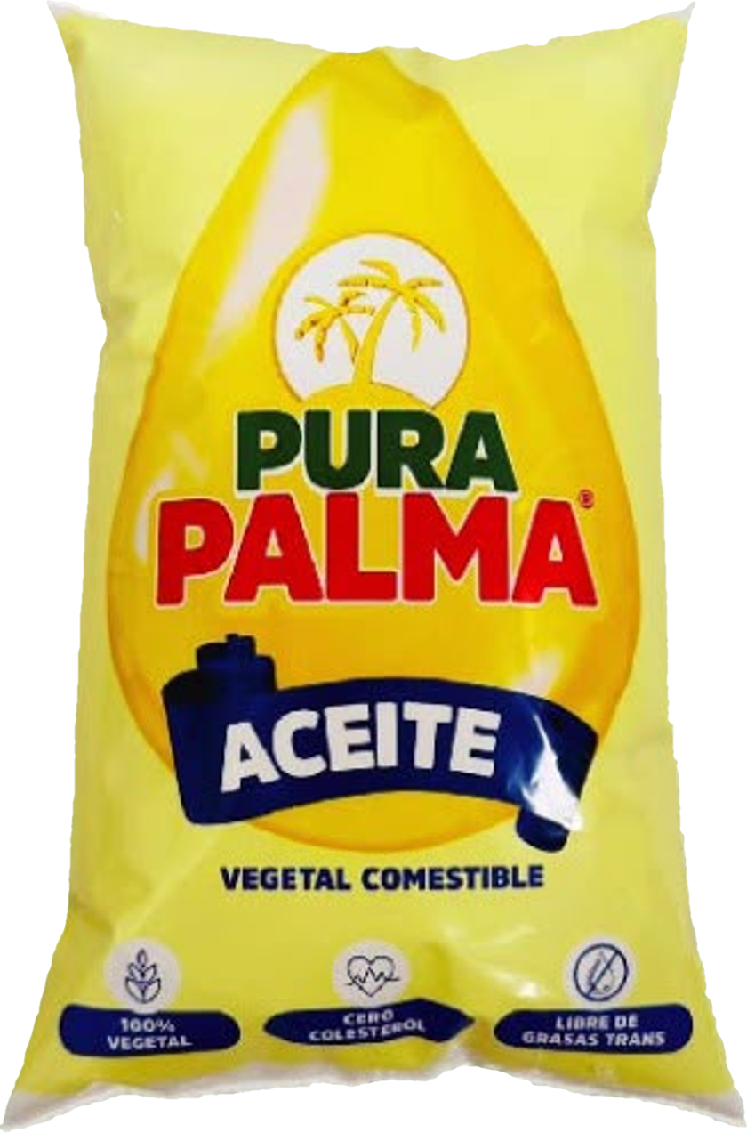 Funda de aceite vegetal comestible PURAPALMA de 900 ml, empaque amarillo con el logotipo de la marca
